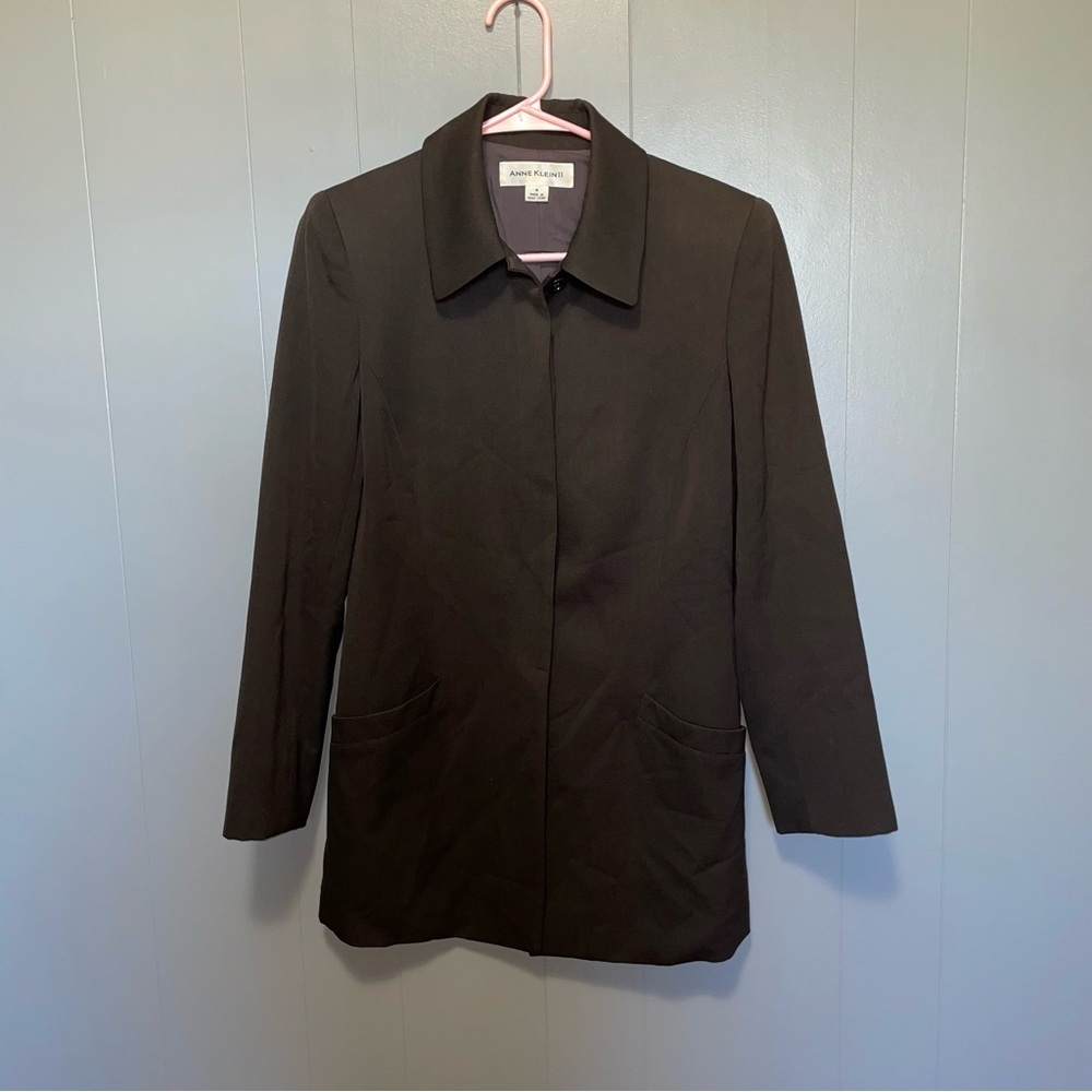 Anne Klein Vintage 100% Wool Brown Long Blazer Size 4 Shoulderpads